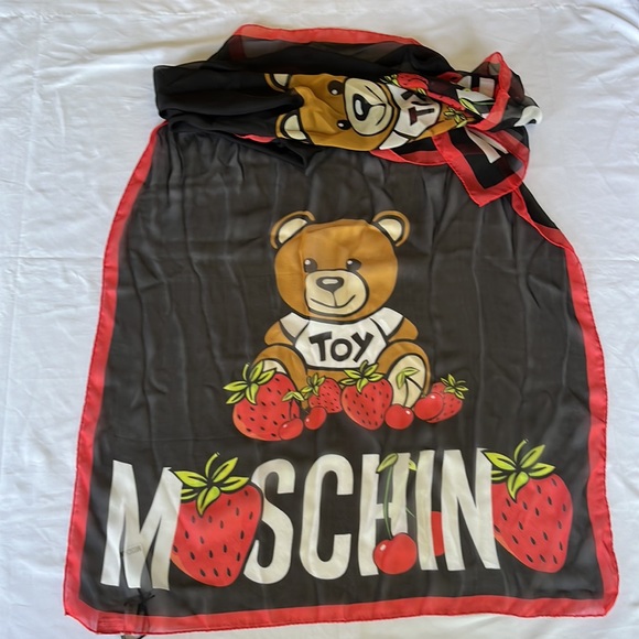 Moschino Silk Bear Strawberry Scarf 70”x180” Red and Black - Picture 4 of 7